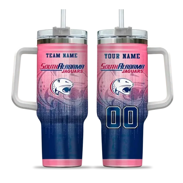 personalized south alabama jaguars gradient dots blue curved tumbler best selling.webp