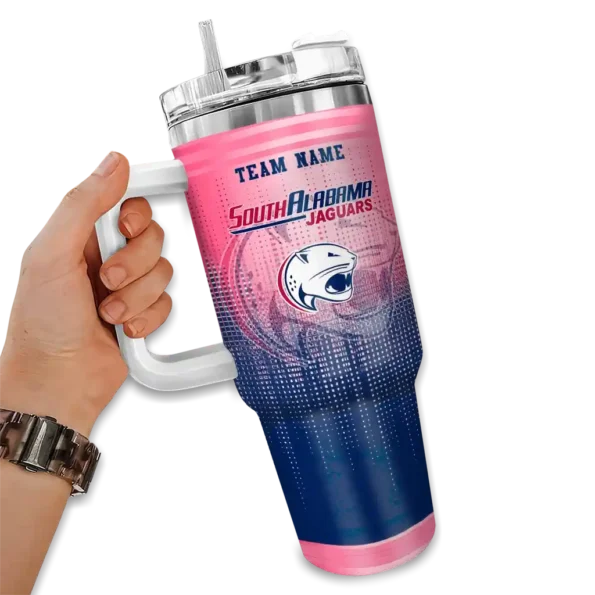personalized south alabama jaguars gradient dots blue curved tumbler fashion forward.webp
