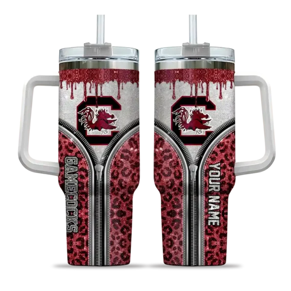 personalized south carolina gamecocks leopard zipper garnet curved tumbler best selling.webp
