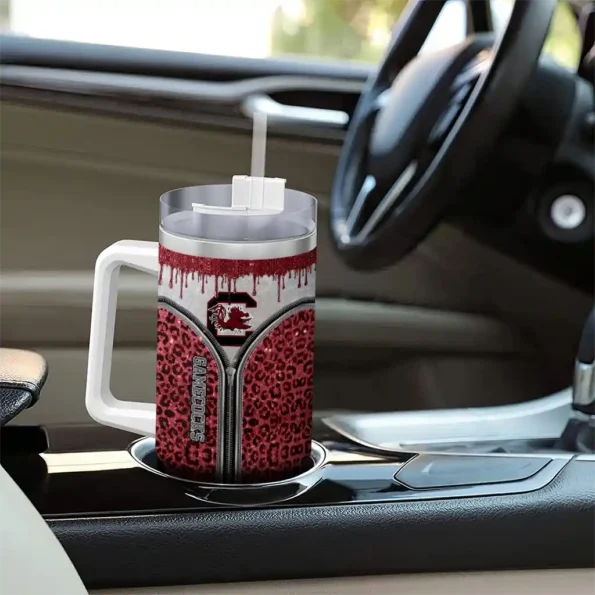 personalized south carolina gamecocks leopard zipper garnet curved tumbler trendy.webp