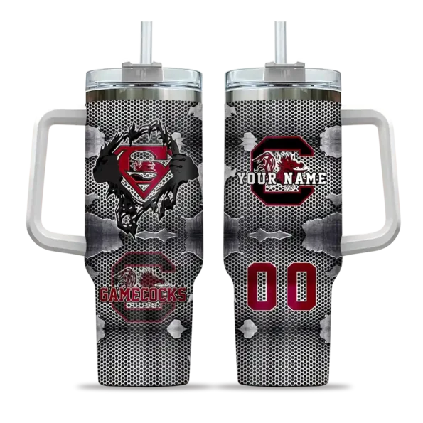 personalized south carolina gamecocks superman shield garnet gray curved tumbler best selling.webp