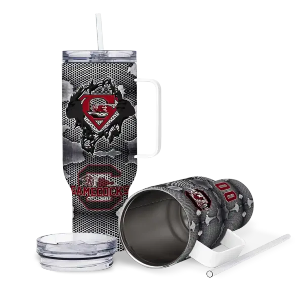 personalized south carolina gamecocks superman shield garnet gray curved tumbler high quality.webp