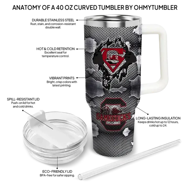 personalized south carolina gamecocks superman shield garnet gray curved tumbler new arrival.webp