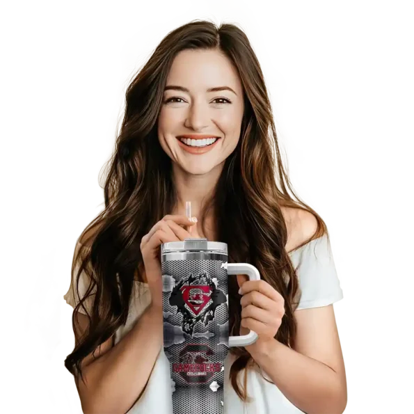 personalized south carolina gamecocks superman shield garnet gray curved tumbler premium grade.webp