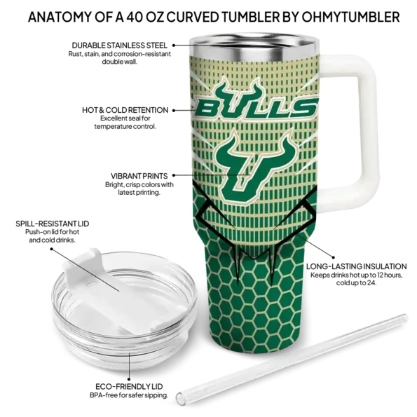 personalized south florida bulls hex texture green curved tumbler new arrival.webp