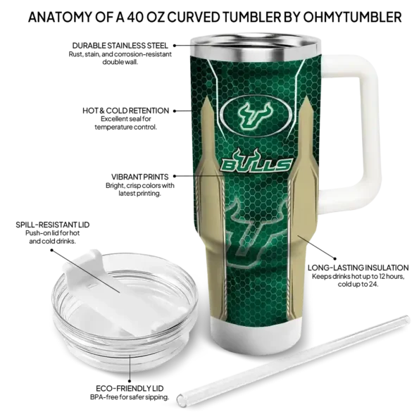 personalized south florida bulls hexagon armor green curved tumbler new arrival.webp