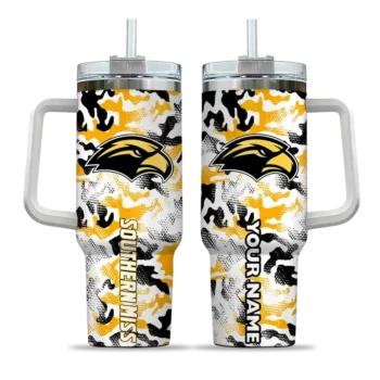 personalized southern miss golden eagles camo mashup black white curved tumbler best selling.webp