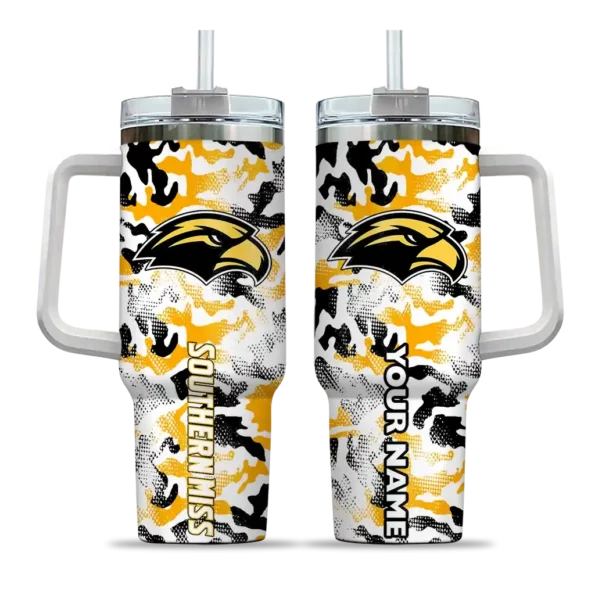 personalized southern miss golden eagles camo mashup black white curved tumbler best selling.webp