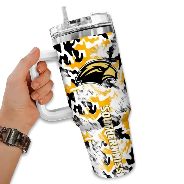 personalized southern miss golden eagles camo mashup black white curved tumbler fashion forward.webp