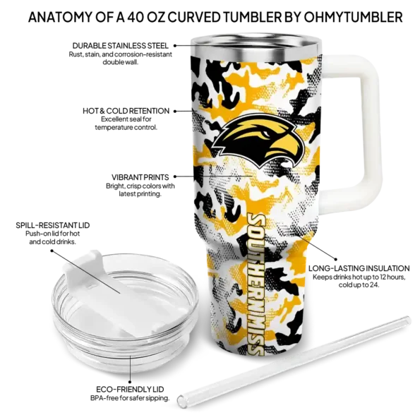 personalized southern miss golden eagles camo mashup black white curved tumbler new arrival.webp