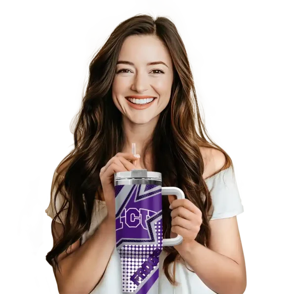 personalized tcu horned frogs arrow burst purple curved tumbler premium grade.webp
