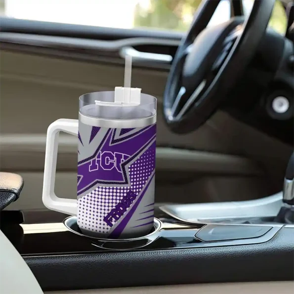 personalized tcu horned frogs arrow burst purple curved tumbler trendy.webp