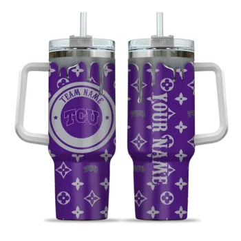 personalized tcu horned frogs bullseye drips purple curved tumbler best selling.webp
