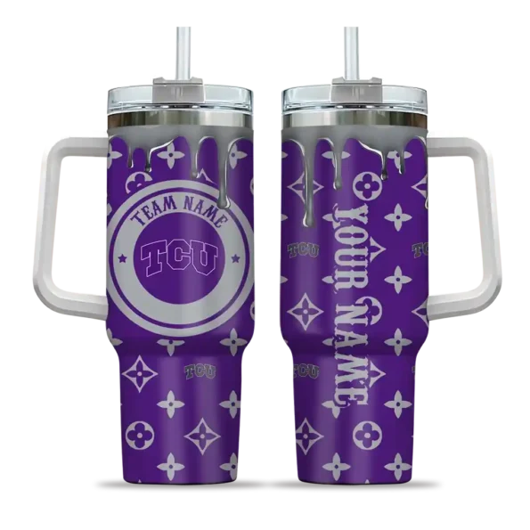 personalized tcu horned frogs bullseye drips purple curved tumbler best selling.webp
