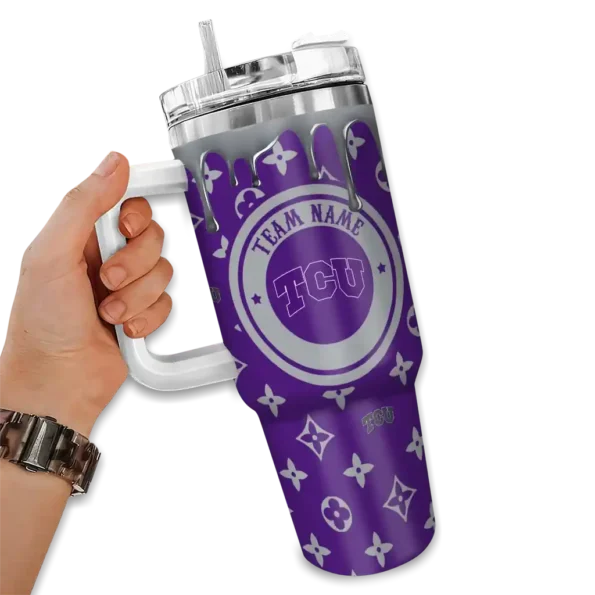 personalized tcu horned frogs bullseye drips purple curved tumbler fashion forward.webp