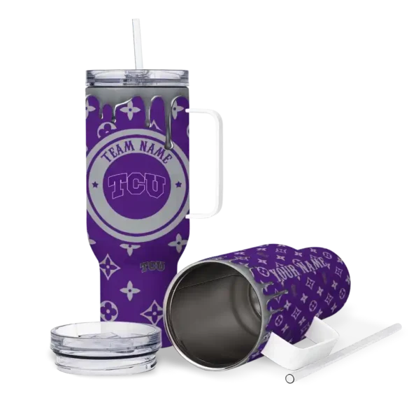personalized tcu horned frogs bullseye drips purple curved tumbler high quality.webp