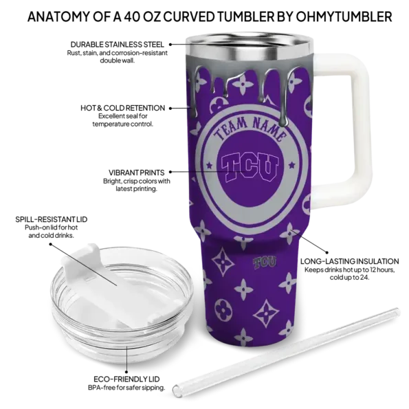 personalized tcu horned frogs bullseye drips purple curved tumbler new arrival.webp