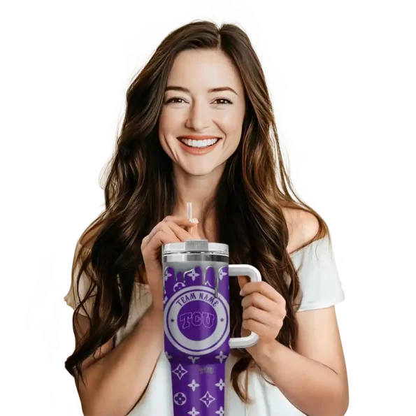 personalized tcu horned frogs bullseye drips purple curved tumbler premium grade.webp