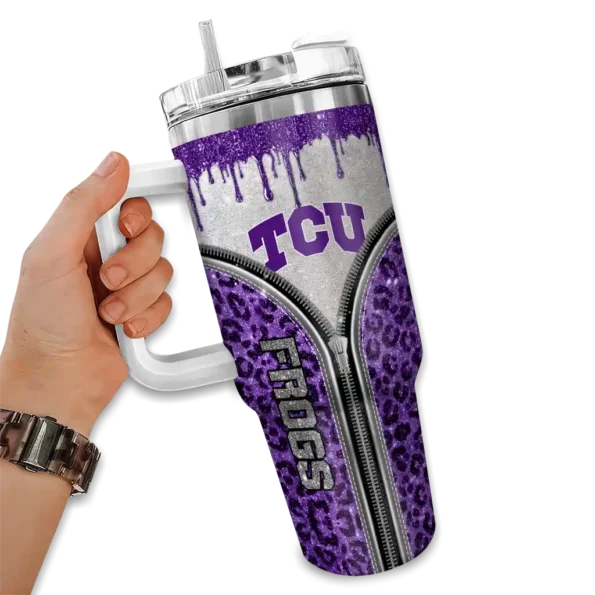 personalized tcu horned frogs leopard zipper purple curved tumbler fashion forward.webp