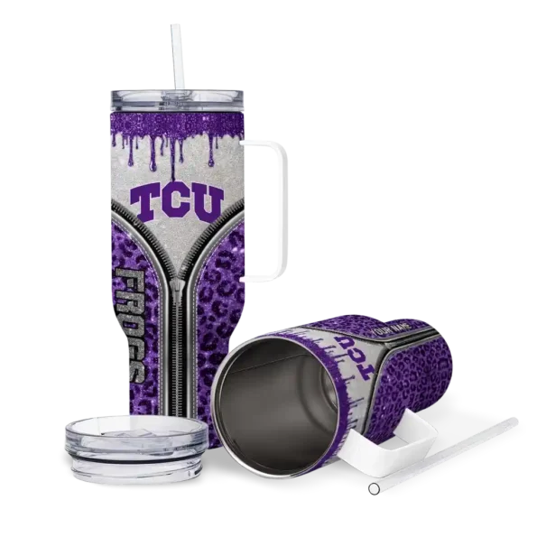 personalized tcu horned frogs leopard zipper purple curved tumbler high quality.webp