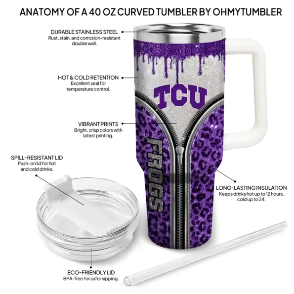 personalized tcu horned frogs leopard zipper purple curved tumbler new arrival.webp
