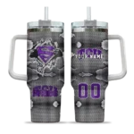 personalized tcu horned frogs superman shield purple gray curved tumbler best selling.webp