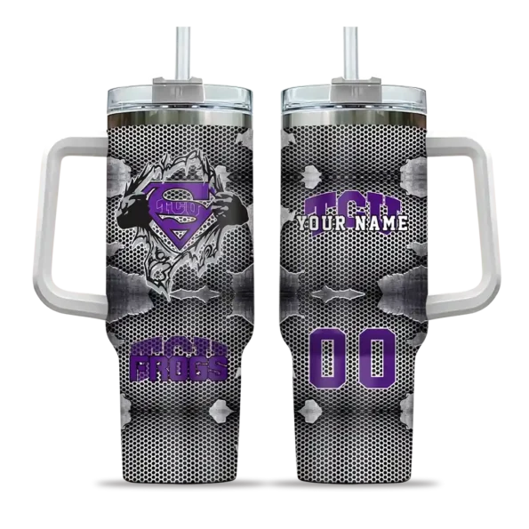 personalized tcu horned frogs superman shield purple gray curved tumbler best selling.webp