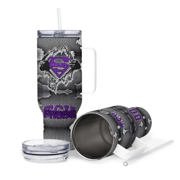 personalized tcu horned frogs superman shield purple gray curved tumbler high quality.webp