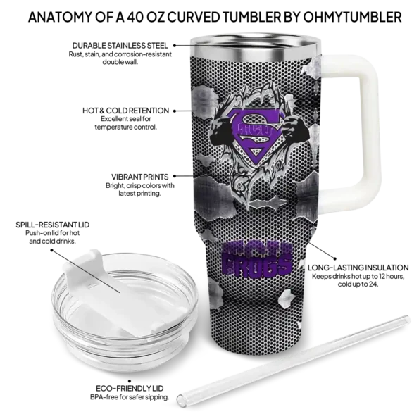 personalized tcu horned frogs superman shield purple gray curved tumbler new arrival.webp
