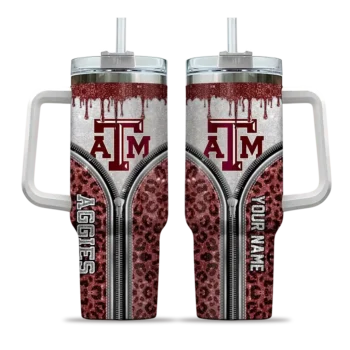personalized texas am aggies leopard zipper maroon curved tumbler best selling.webp