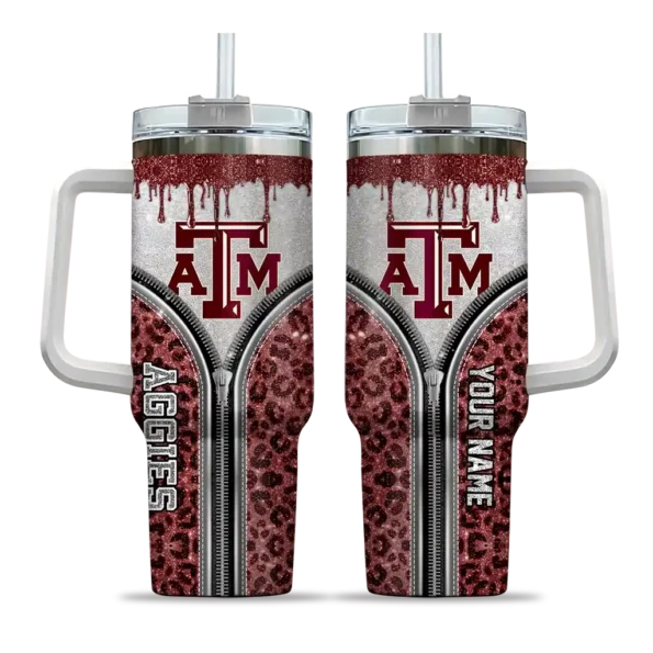 personalized texas am aggies leopard zipper maroon curved tumbler best selling.webp
