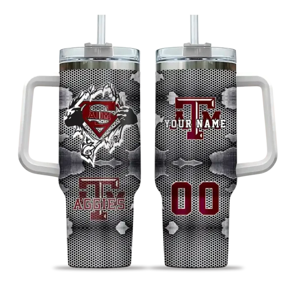 personalized texas am aggies superman shield maroon gray curved tumbler best selling.webp