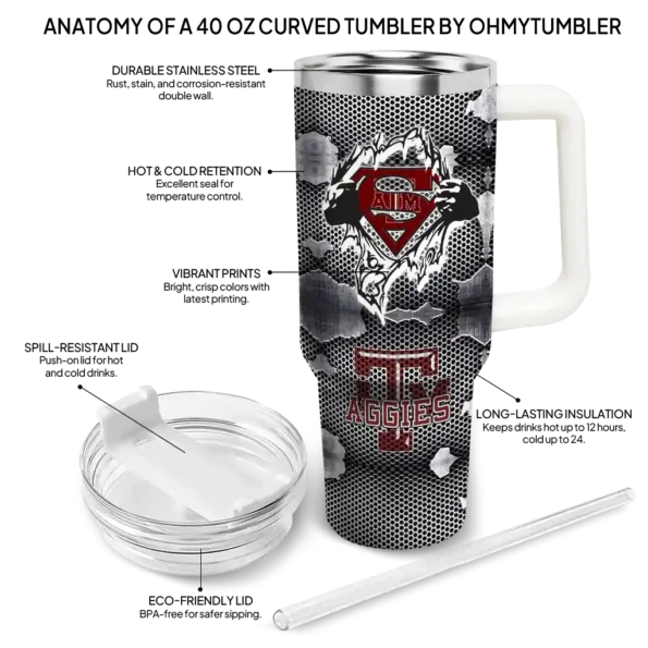 personalized texas am aggies superman shield maroon gray curved tumbler new arrival.webp