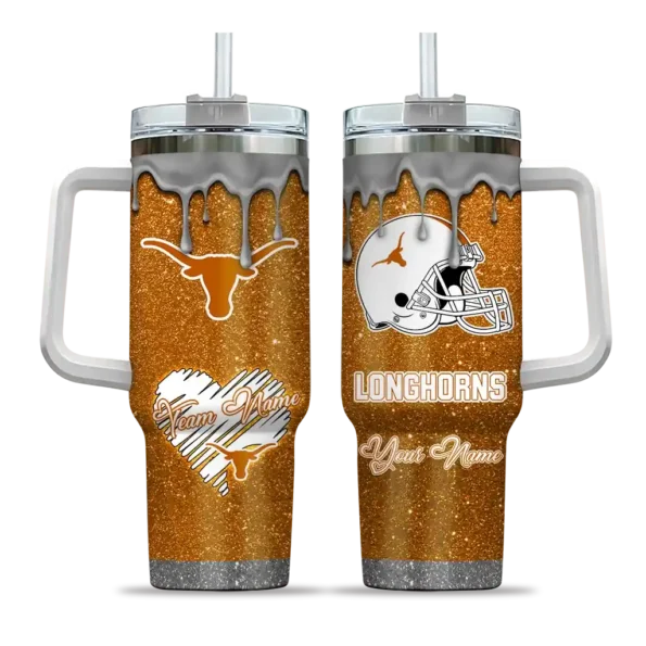 personalized texas longhorns heart helmet motif orange curved tumbler best selling.webp