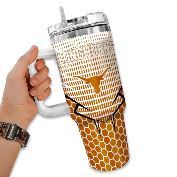 personalized texas longhorns hex texture orange curved tumbler fashion forward.webp