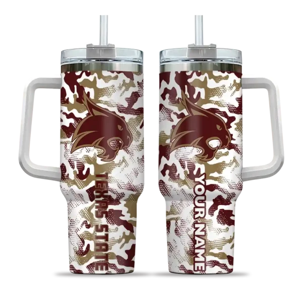 personalized texas state bobcats camo mashup maroon white curved tumbler best selling.webp