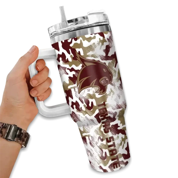 personalized texas state bobcats camo mashup maroon white curved tumbler fashion forward.webp