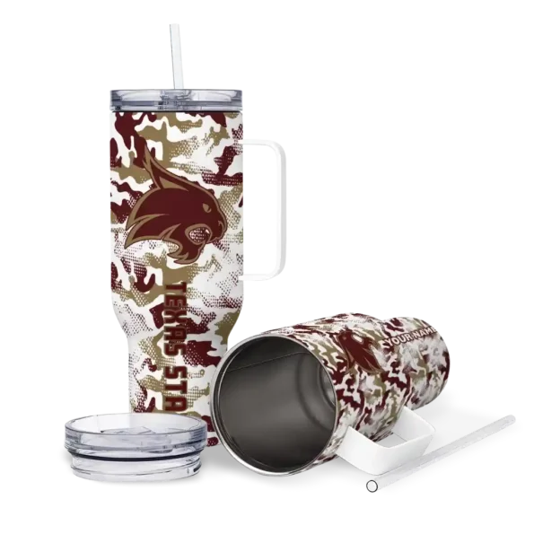 personalized texas state bobcats camo mashup maroon white curved tumbler high quality.webp