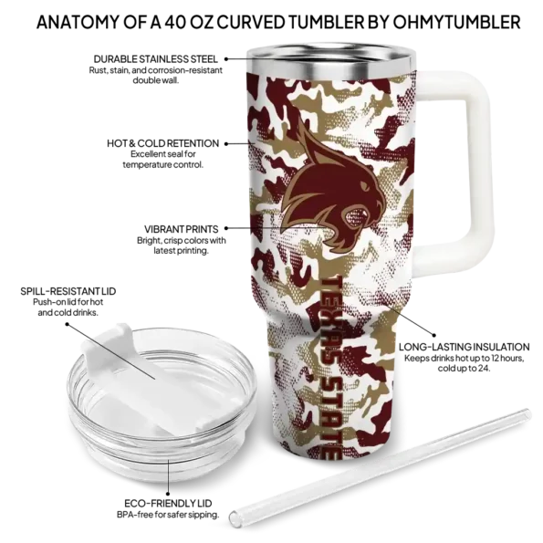 personalized texas state bobcats camo mashup maroon white curved tumbler new arrival.webp