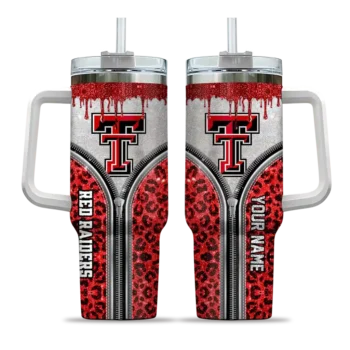 personalized texas tech red raiders leopard zipper red curved tumbler best selling.webp