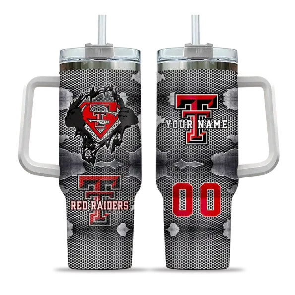 personalized texas tech red raiders superman shield red gray curved tumbler best selling.webp