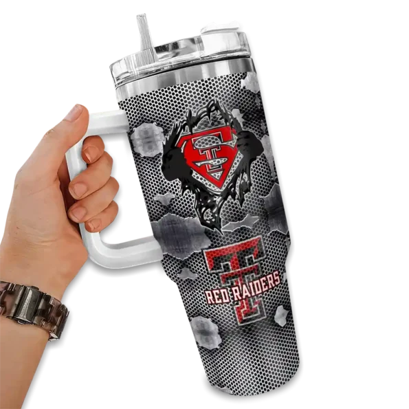 personalized texas tech red raiders superman shield red gray curved tumbler fashion forward.webp