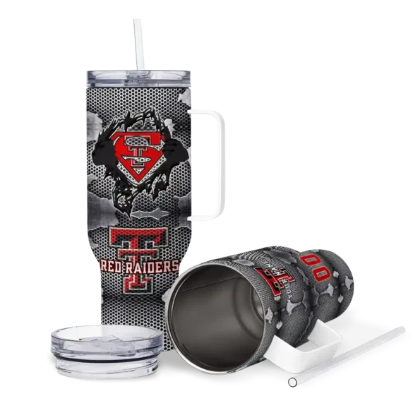 personalized texas tech red raiders superman shield red gray curved tumbler high quality.webp
