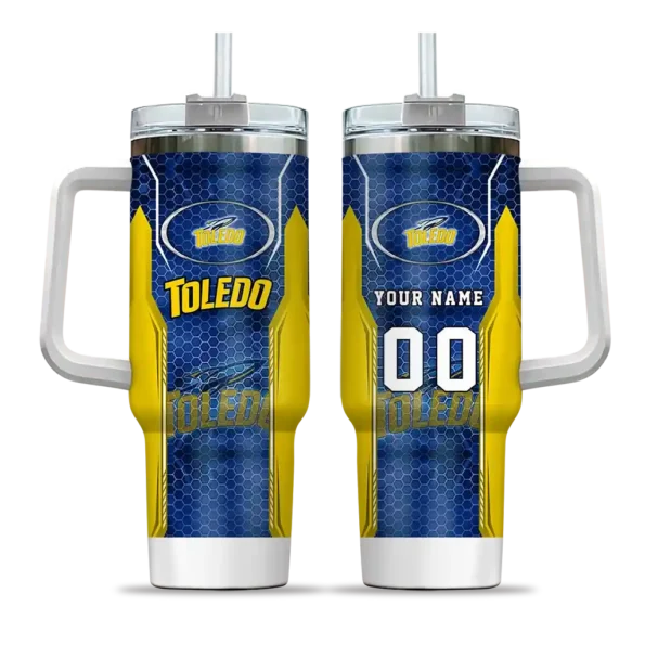 personalized toledo rockets hexagon armor blue curved tumbler best selling.webp