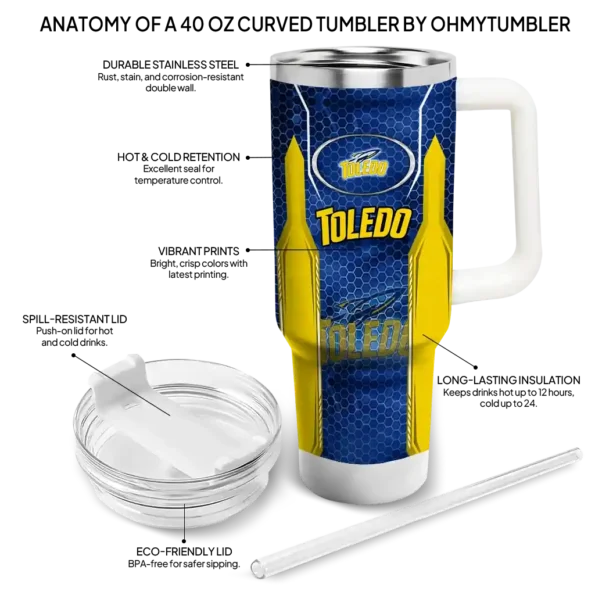 personalized toledo rockets hexagon armor blue curved tumbler new arrival.webp