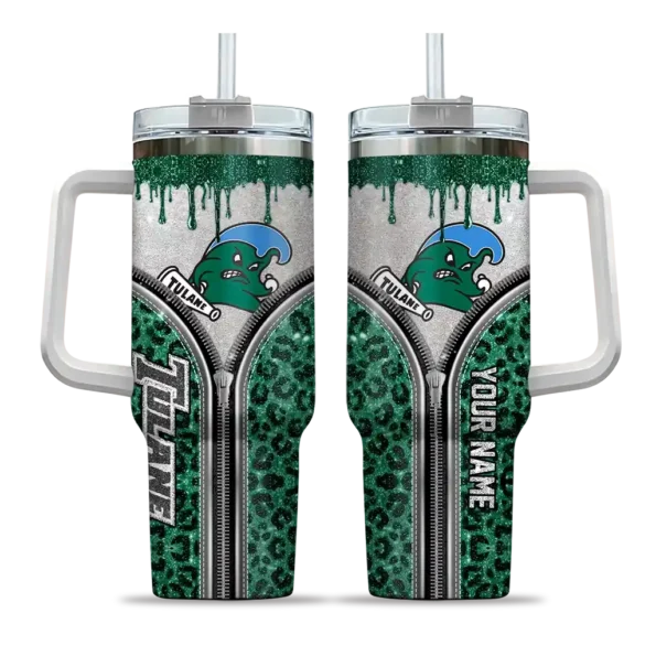 personalized tulane green wave leopard zipper green curved tumbler best selling.webp