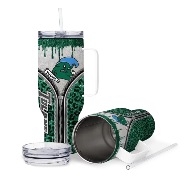 personalized tulane green wave leopard zipper green curved tumbler high quality.webp