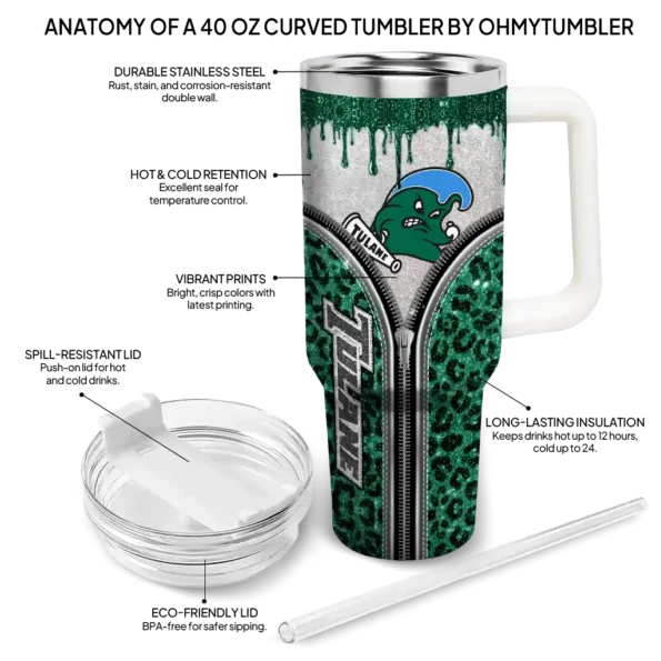 personalized tulane green wave leopard zipper green curved tumbler new arrival.webp