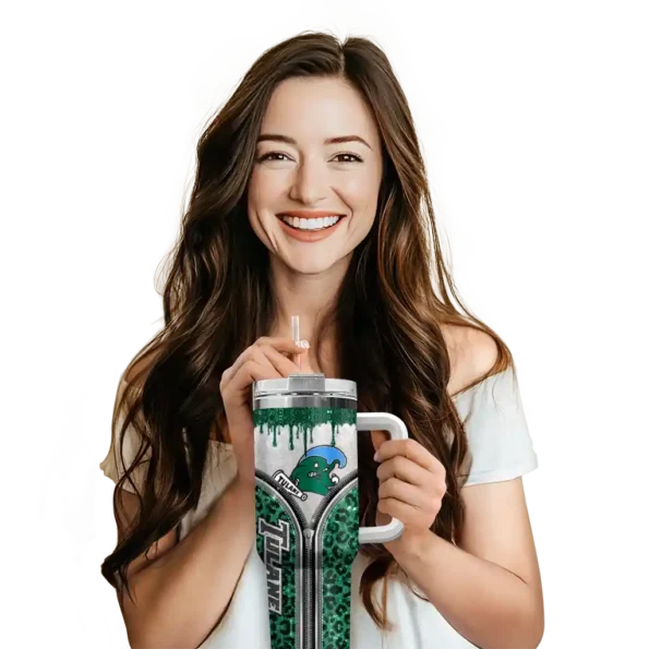 personalized tulane green wave leopard zipper green curved tumbler premium grade.webp