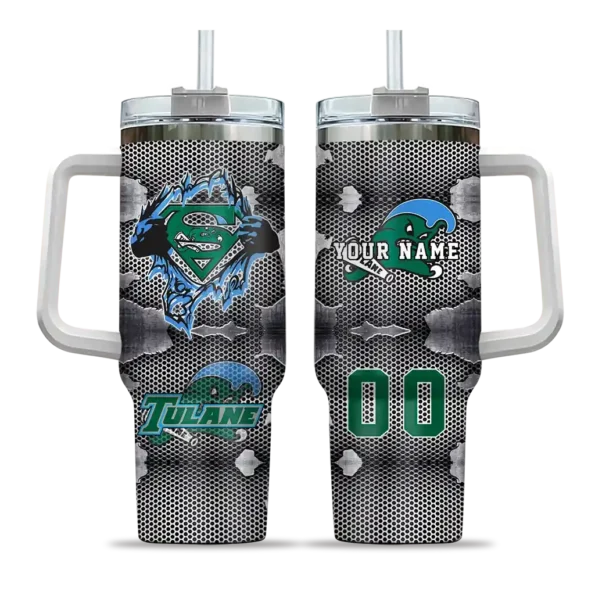 personalized tulane green wave superman shield green gray curved tumbler best selling.webp